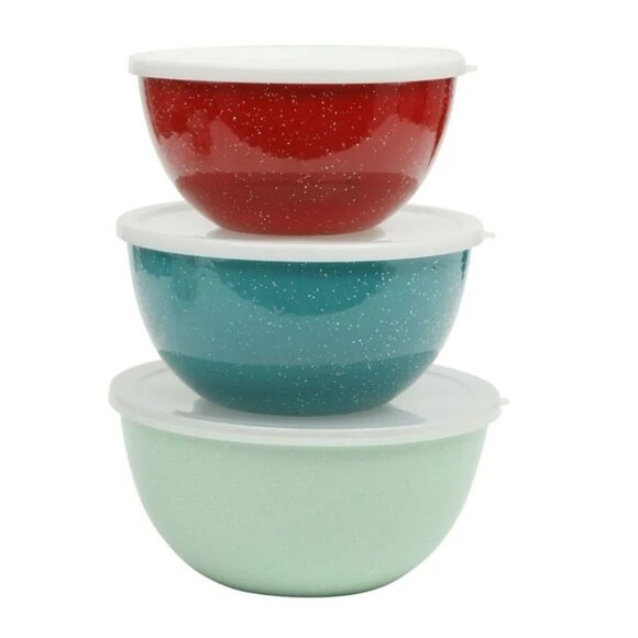 Pioneer Woman 6-Piece Enamel on Steel Mixing Bowls with Lids, Red, Green, Blue, - Picture 3 of 8